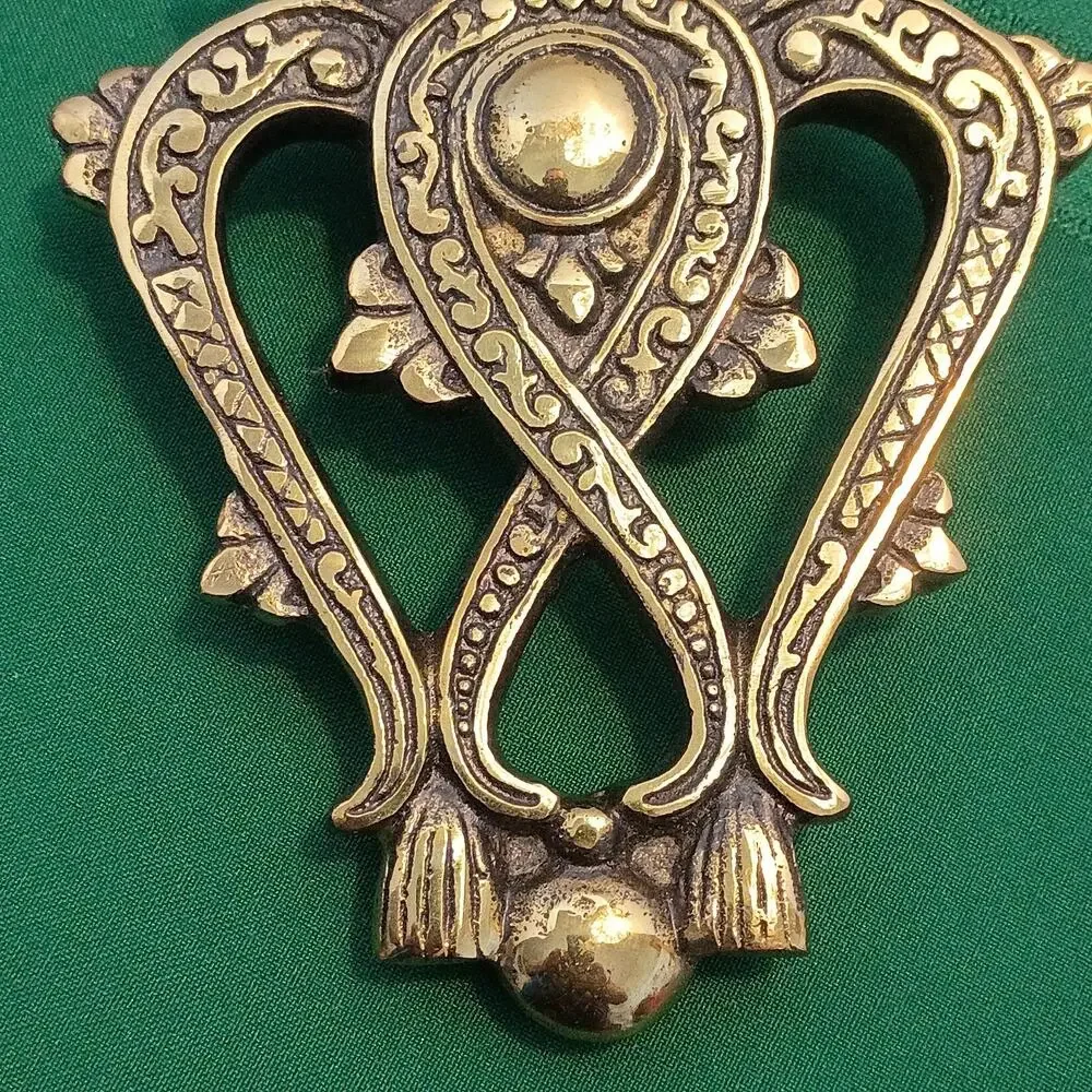 Vintage Brass Door Knocker Ornate Paisley Arabesque Shield Crown Antique